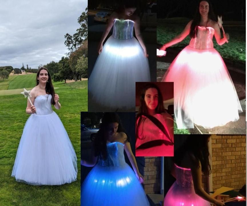 Josephine Stockton wearing the color-changing fiber-optic prom dress made by her parents