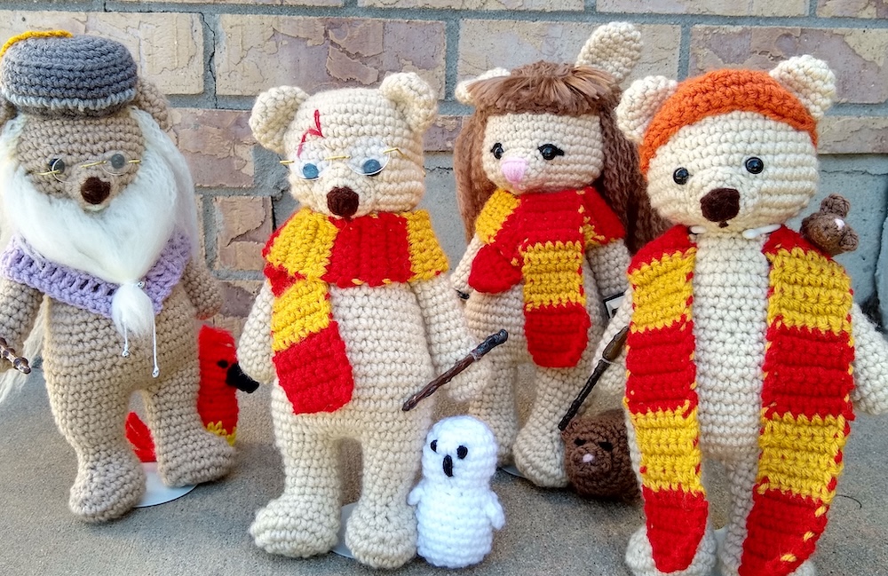 A group of Josephine’s Harry Potter-inspired crochet bear plushies