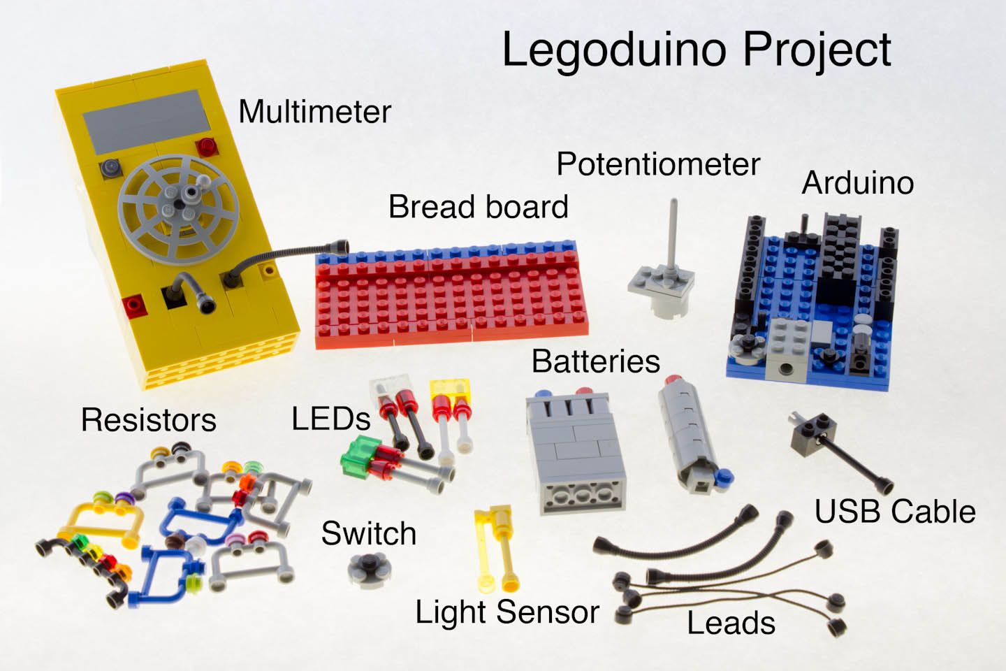 The LEGO-built components of Josephine Stockton’s Legoduino circuit-learning project